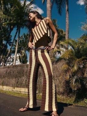 Free People Joan Fauxchet Set Brown & Cream Striped Knit Flare Pants